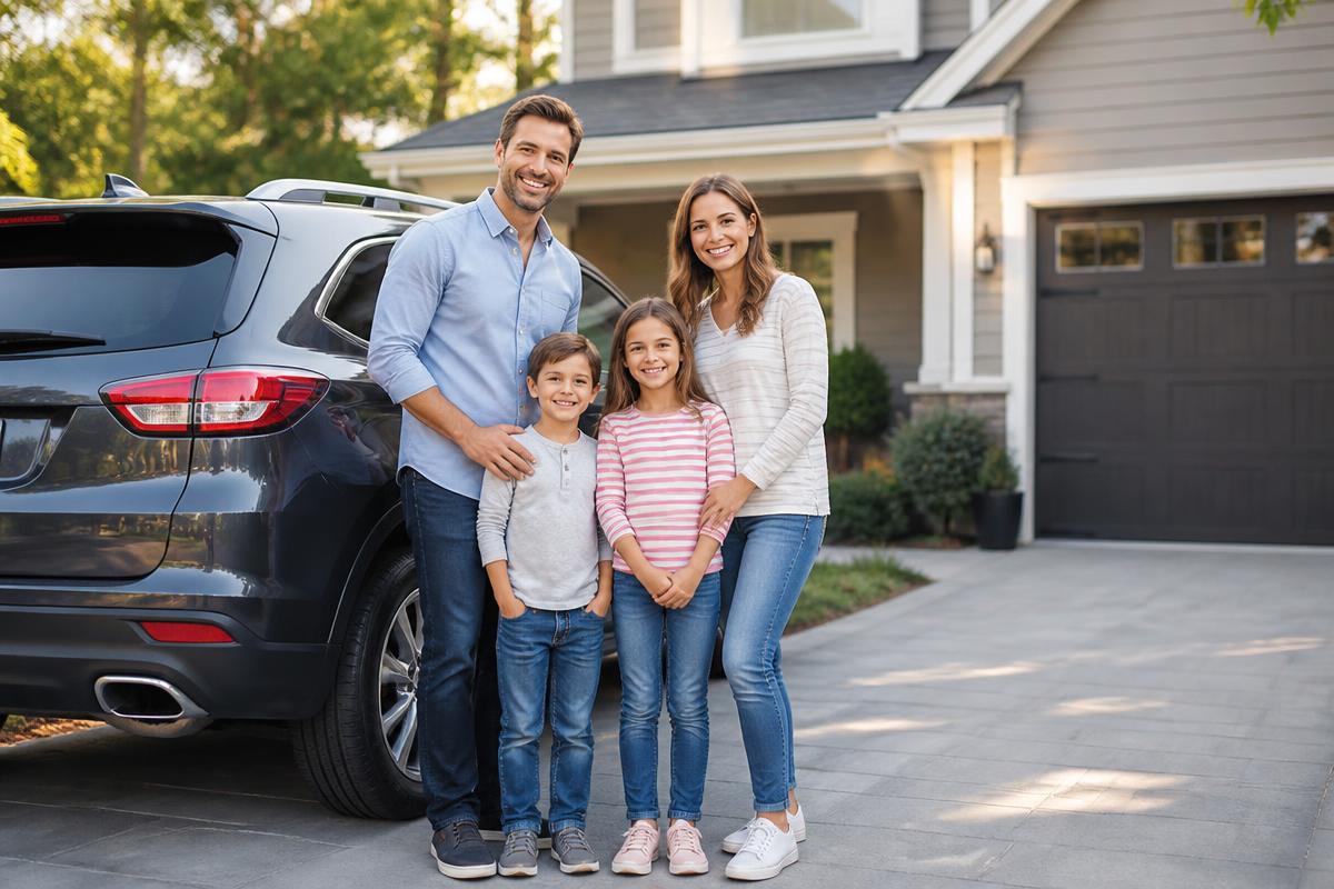 Family standing beside their insured vehicle