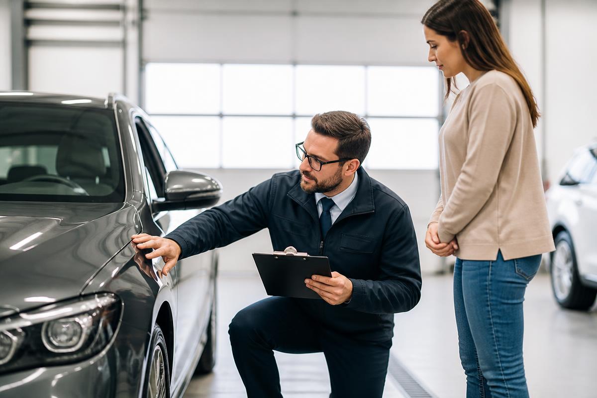 Advisor carrying out a vehicle inspection with a customer